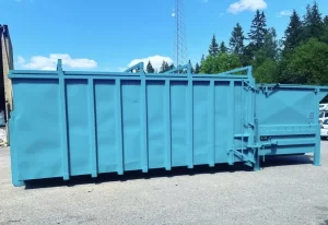 Stationär komprimator med tillhörande 30 m3 container med flytande tak